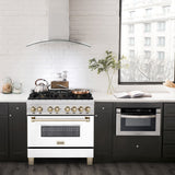 ZLINE Autograph Edition 36 in. 4.6 cu. ft. Legacy Dual Fuel Range with 6 Burner Gas Cooktop and Electric Convection Oven in Satin Stainless Steel with White Matte Door and Polished Gold Accents (RASZ-WM-36-G)