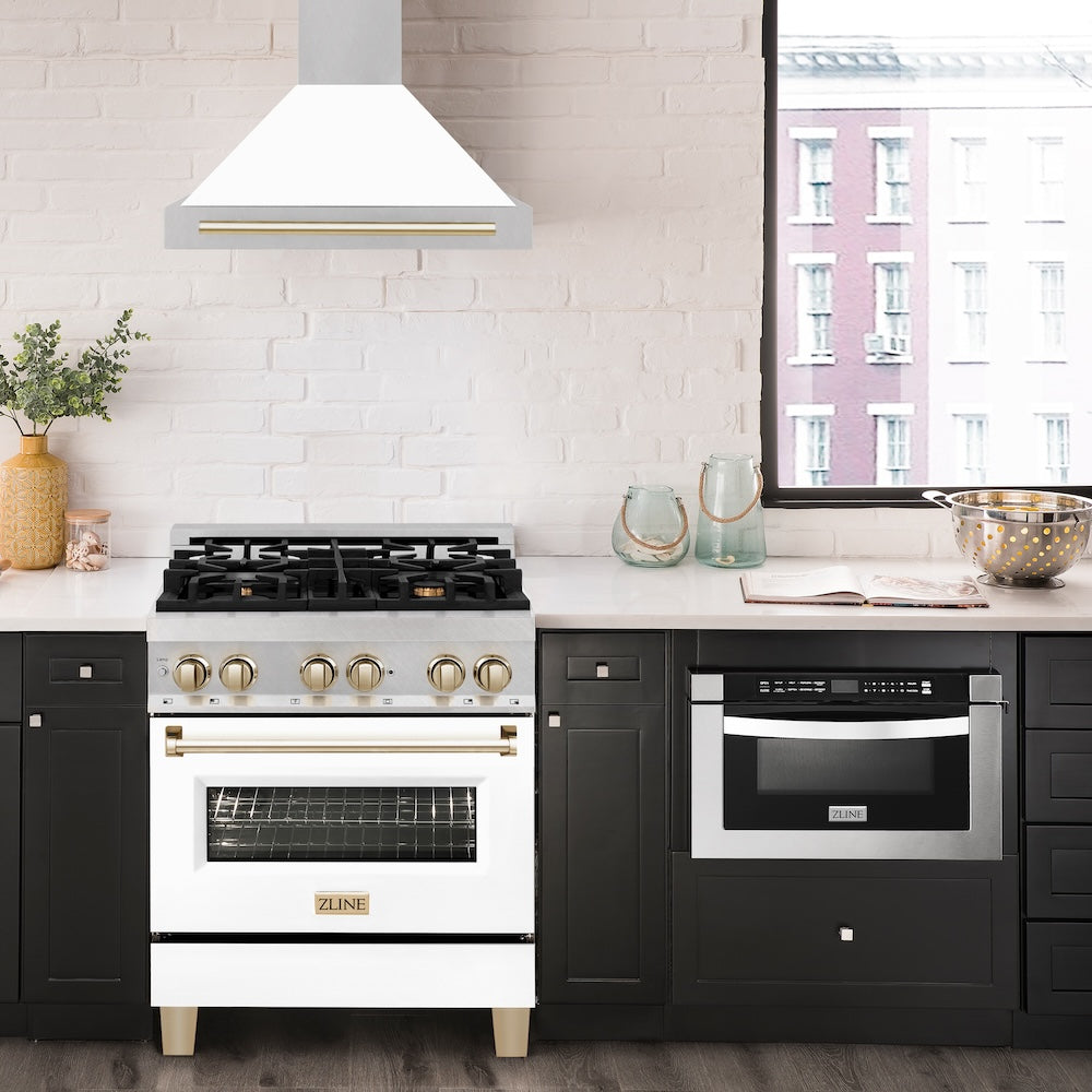 ZLINE 30 in. Autograph Edition Convertible Fingerprint Resistant DuraSnow® Stainless Steel Range Hood with White Matte Shell and Polished Gold Handle (KB4SNZ-WM30-G)
