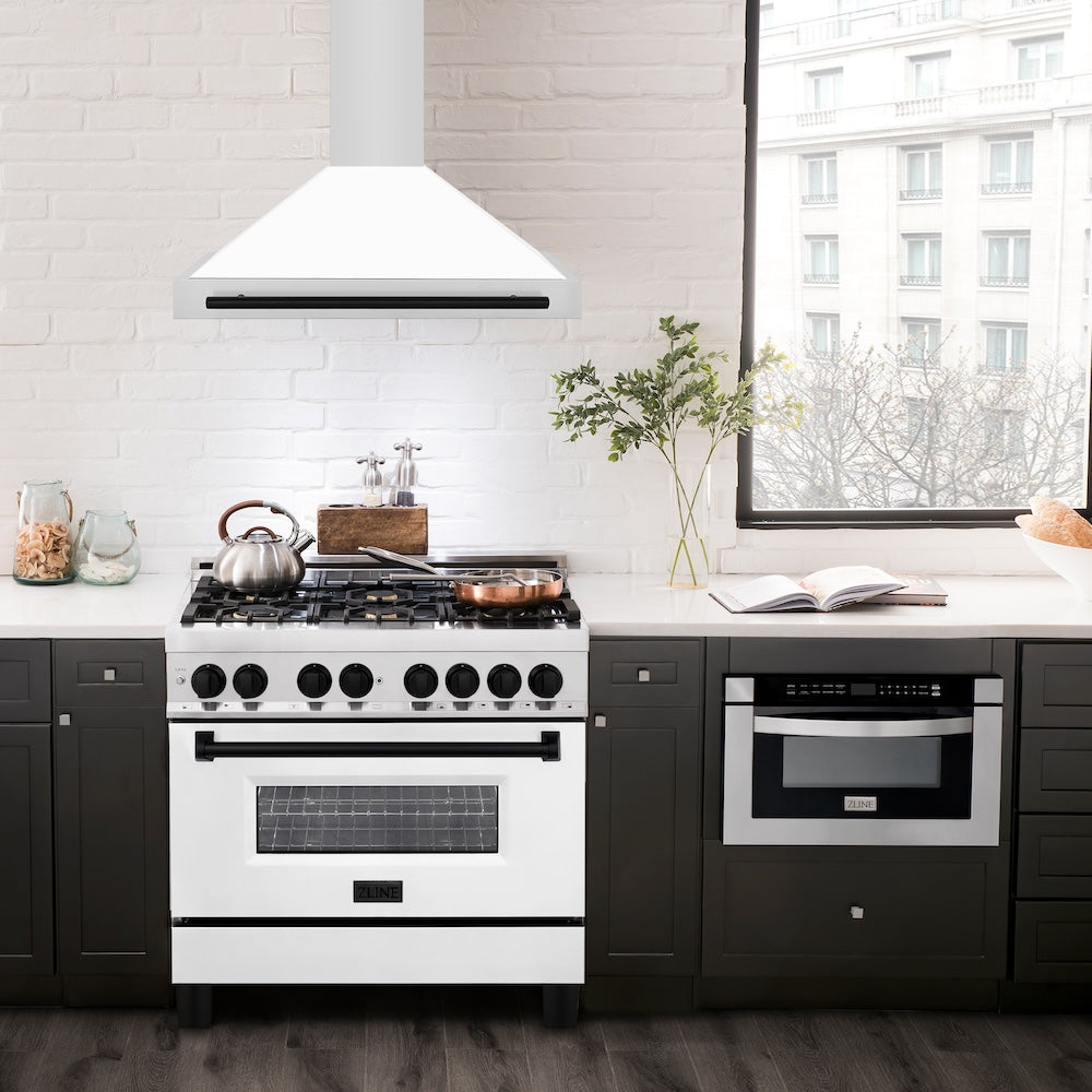 ZLINE 36 in.Autograph Edition Convertible Stainless Steel Range Hood with White Matte Shell and Matte Black Accents (KB4STZ-WM36-MB)