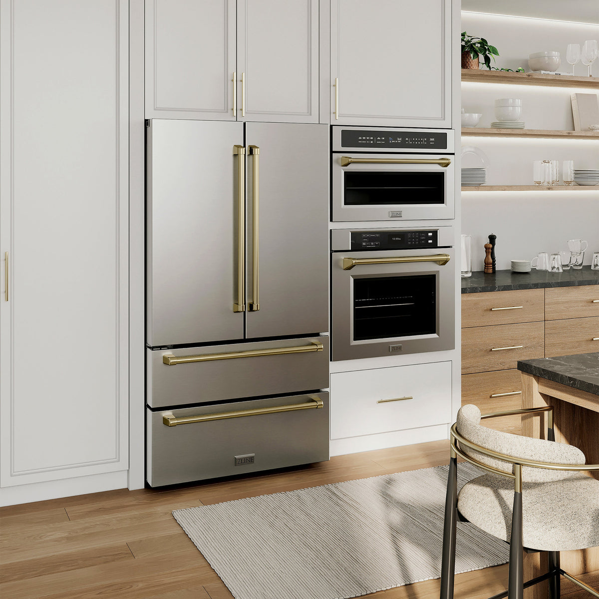 ZLINE Autograph Edition 36 in. 22.5 cu. ft. Counter-Depth French Door Refrigerator with Ice Maker in Fingerprint-Resistant Stainless Steel with Champagne Bronze Traditional Handles (RFMZ-36-CB)