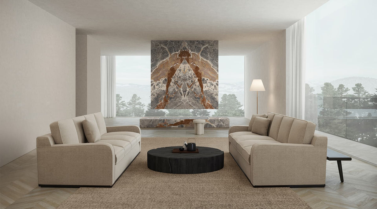 48 x 110 in Majesto Macchia Vecchia Bookmatch Cut Polished Rectified Colorsync Sintered Slab 6 mm installed