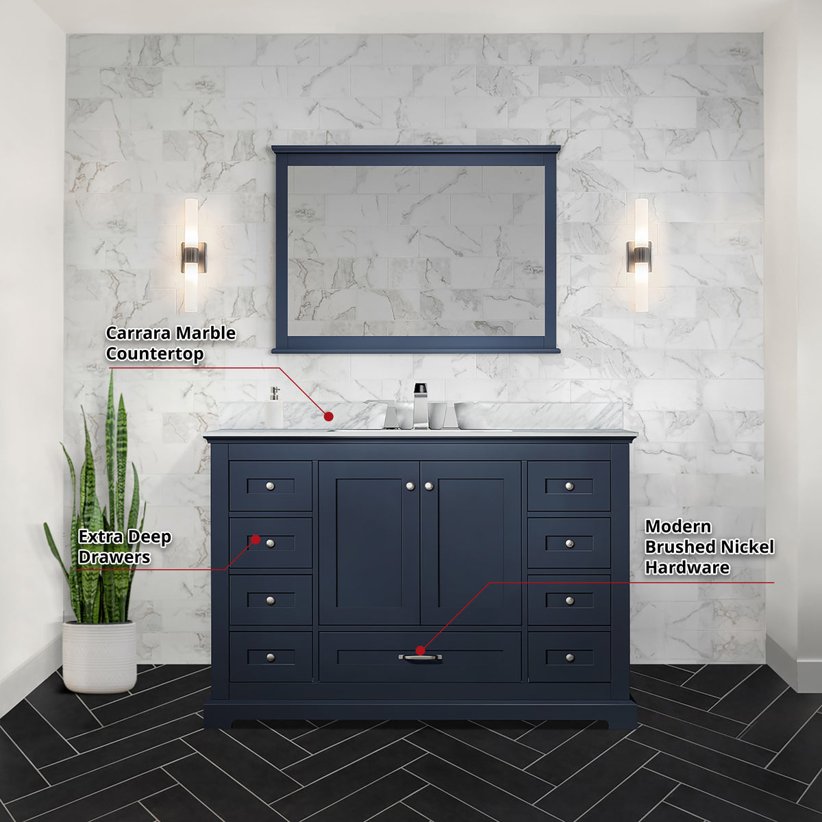 Dukes 48 in. Freestanding Bathroom Vanity with White Carrara Marble Top, White Square Sink