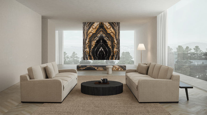 48 x 110 in Majesto Oro Noir Bookmatch Cut Honed Rectified Colorsync Sintered Slab 6 mm installed