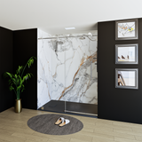 60" x 76" Frameless Shower Door with Chrome - Solid Surface Shower Base Tray - Shower Kit with covered drain - and 5pc Shower Wall System