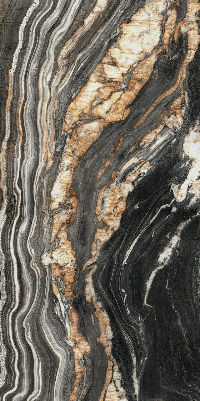 63 x 126 in Majesto Oro Noir Block 25 Bookmatch Cut Polished 6 mm, full slab face