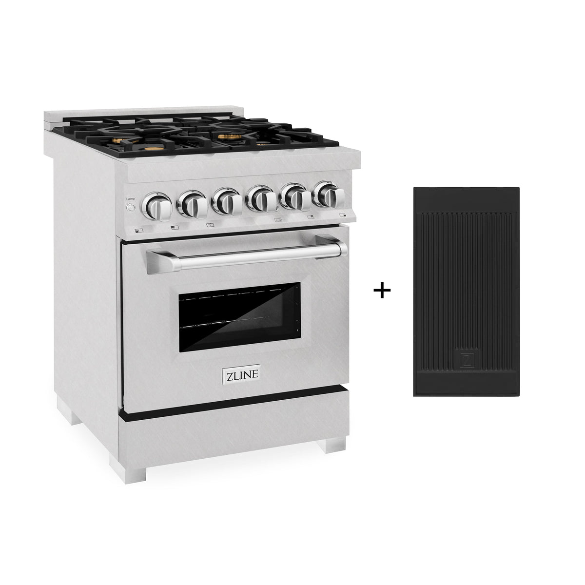 ZLINE 24 in. 2.8 cu. ft. Legacy Dual Fuel Range with Gas Cooktop and Electric Convection Oven in Satin Stainless Steel with 4 Brass Burners and Griddle (RAS-SN-BR-GR-24)