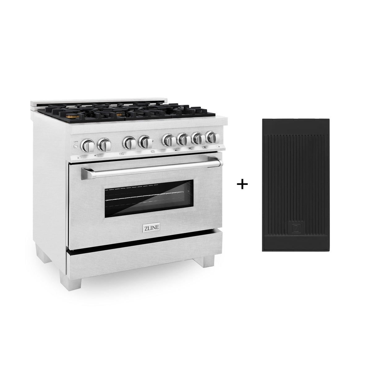 ZLINE 36 in. 4.6 cu. ft. Legacy Dual Fuel Range with Gas Cooktop and Electric Convection Oven in Satin Stainless Steel with 6 Brass Burners and Griddle (RAS-SN-BR-GR-36)