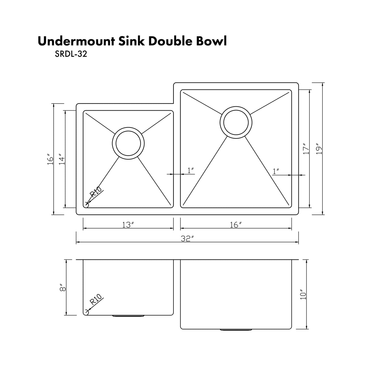ZLINE 32 in. Jackson Undermount Double Bowl Stainless Steel Kitchen Sink with Bottom Grid (SRDL-32)