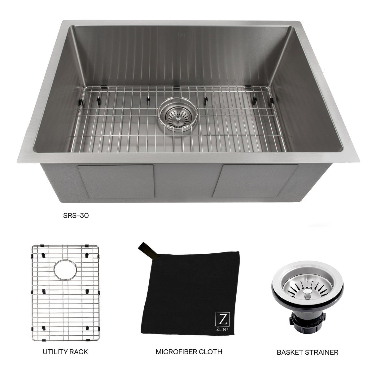 ZLINE 30 in. Meribel Undermount Single Bowl Stainless Steel Kitchen Sink with Bottom Grid (SRS-30)