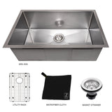 ZLINE 30 in. Meribel Undermount Single Bowl Satin Stainless Steel Kitchen Sink with Bottom Grid (SRS-30S)