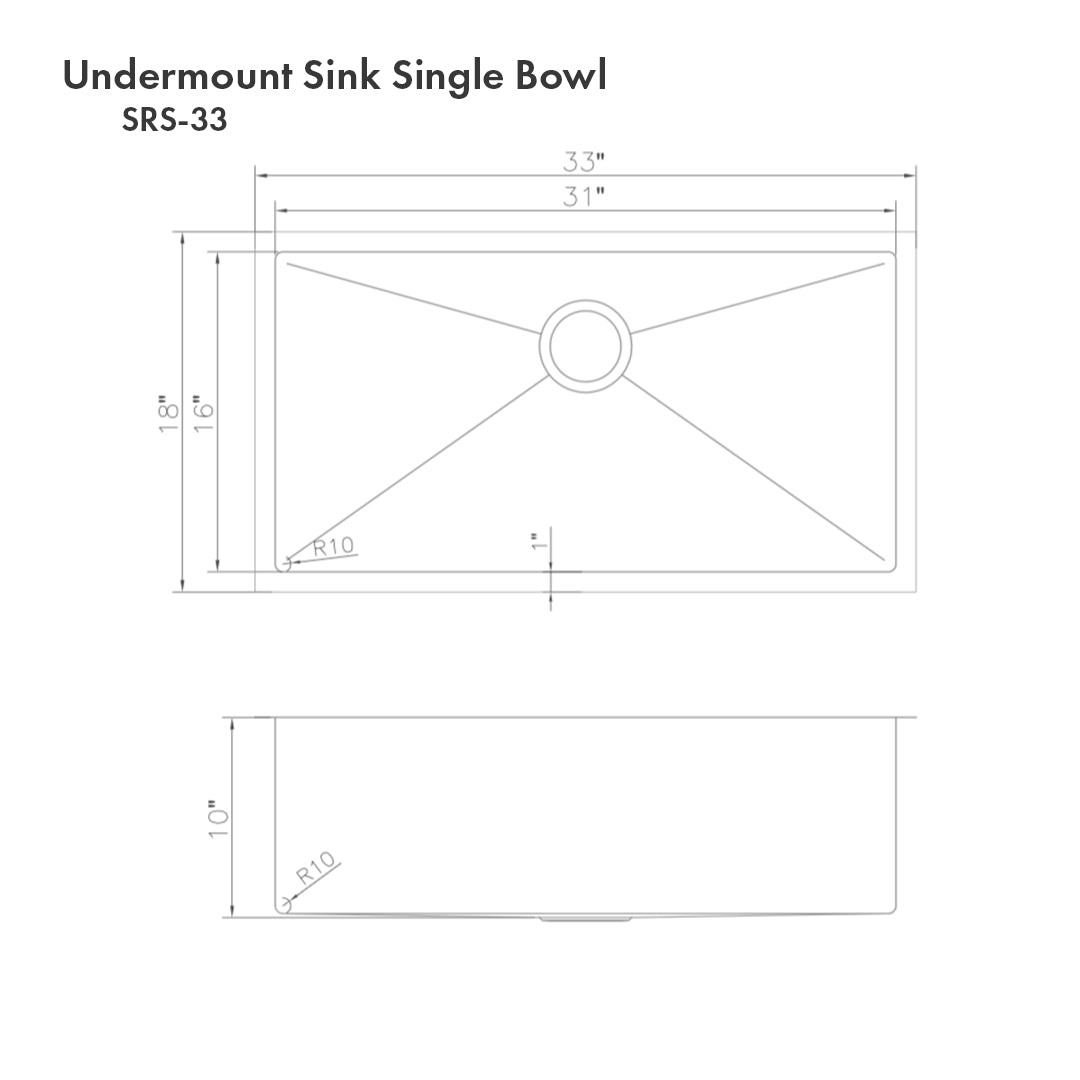 ZLINE 33 in. Meribel Undermount Single Bowl Stainless Steel Kitchen Sink with Bottom Grid (SRS-33)
