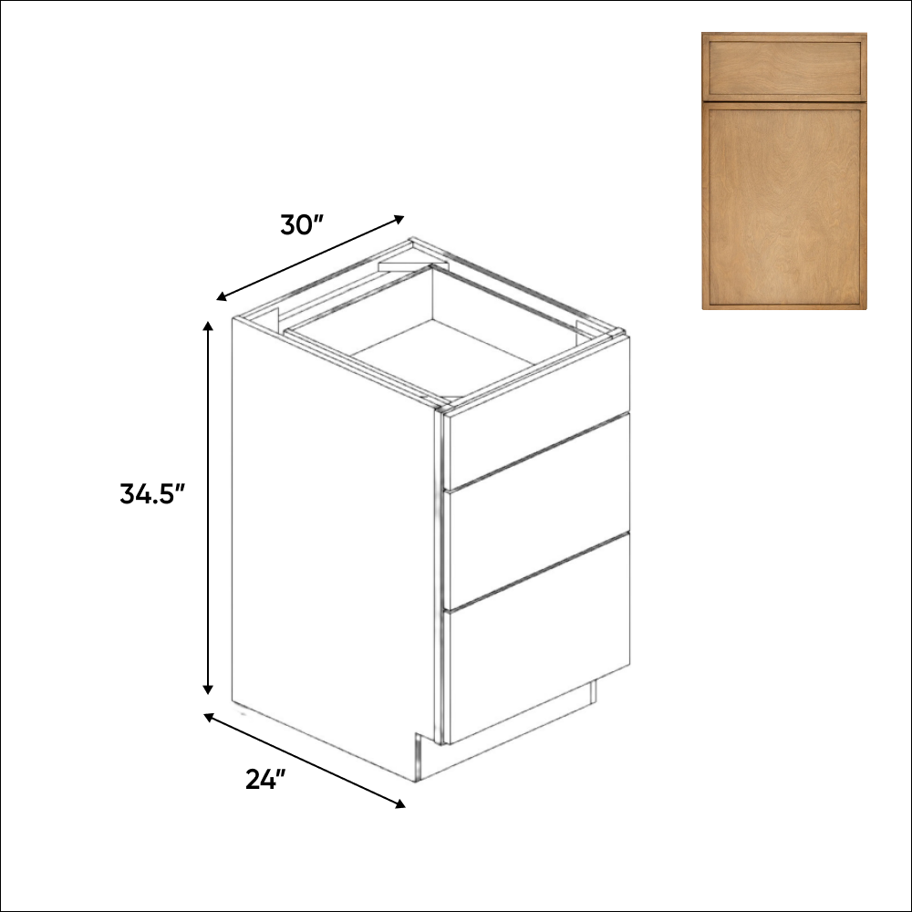 Slim Shaker Karamel - 30 Inch Three Drawer Base Cabinet - 30" Width x 34.5" Height x 24" Depth