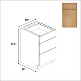 Slim Shaker Karamel - 30 Inch Three Drawer Base Cabinet - 30" Width x 34.5" Height x 24" Depth