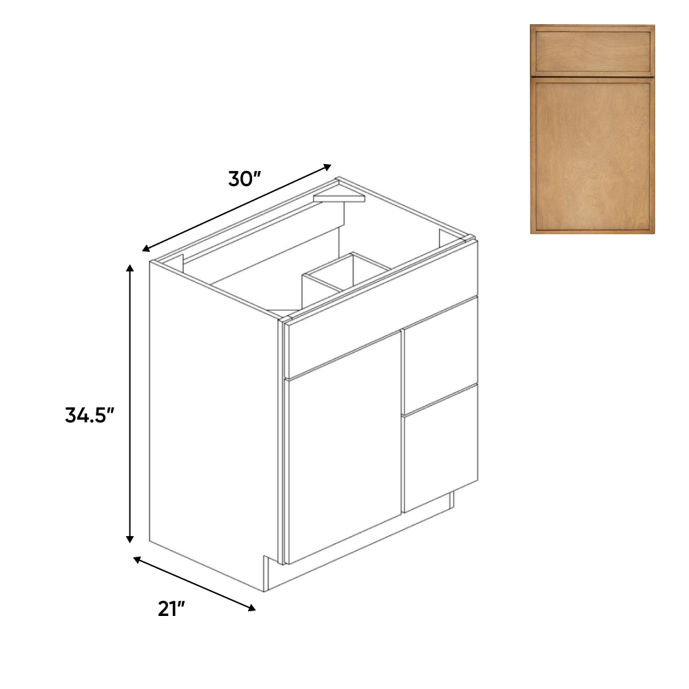 Slim Shaker Karamel - 30 Inch Vanity Sink Drawer Base Cabinet - 30" Width x 34.5" Height x 21" Depth