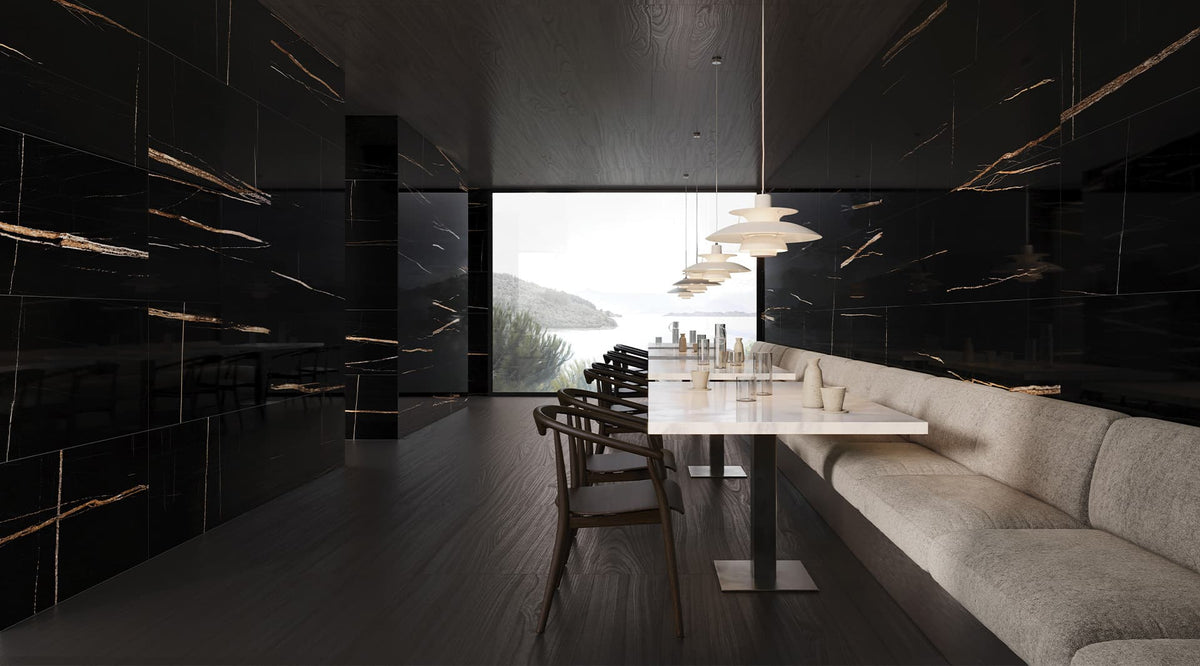 36 x 36 in Majesto Sahara Noir Polished Rectified Colorsync Porcelain Tile installed