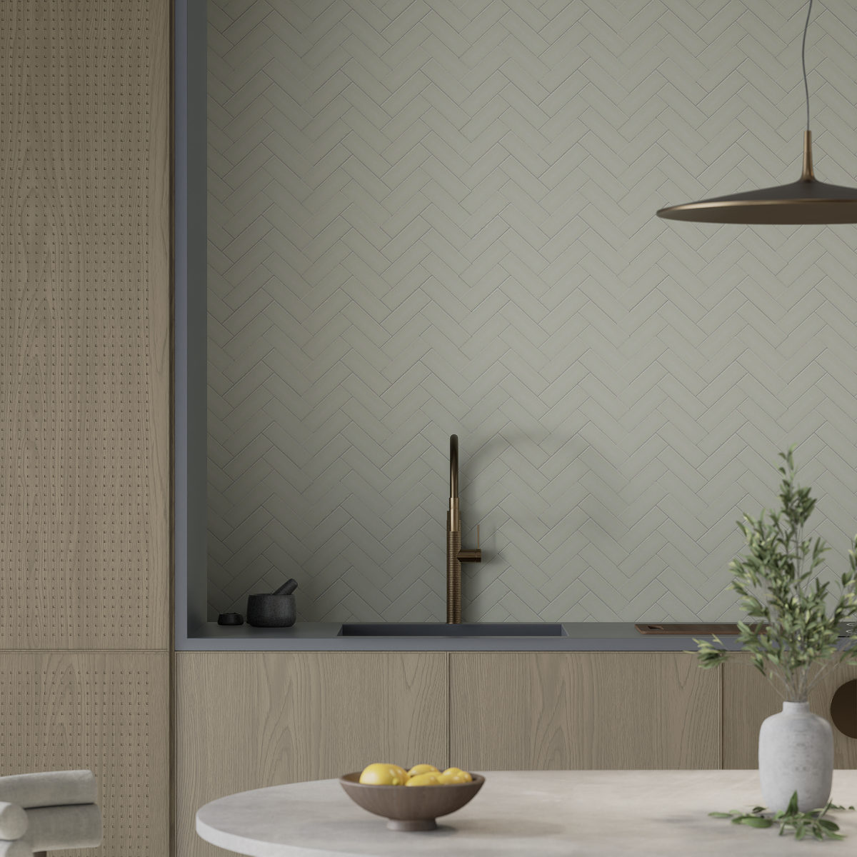 2 x 6 in Herringbone Soho Soft Sage Matte Glazed Porcelain Mosaic