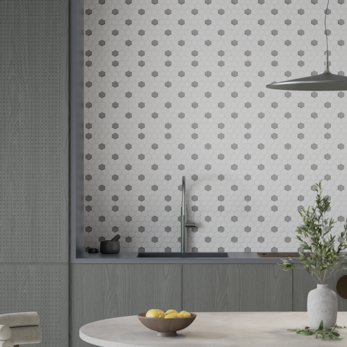1 in Hexagon Canvas White W/ Insert Soho Cement Chic Matte Glazed Porcelain Mosaic