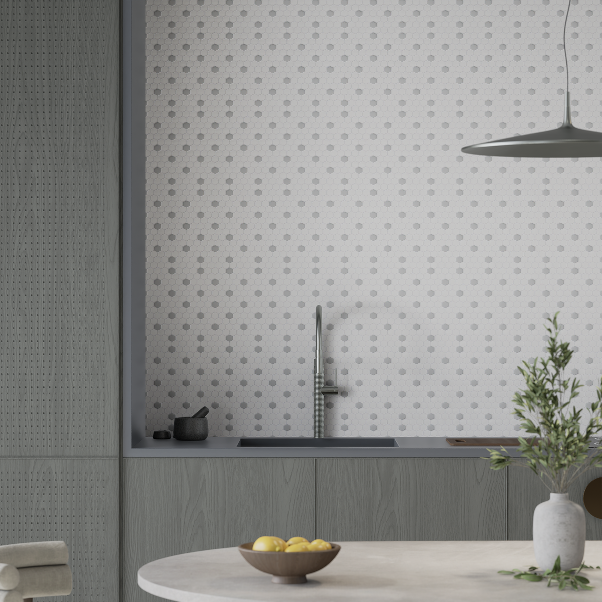 1 in Hexagon Canvas White W/ Insert Soho Loft Grey Matte Glazed Porcelain Mosaic