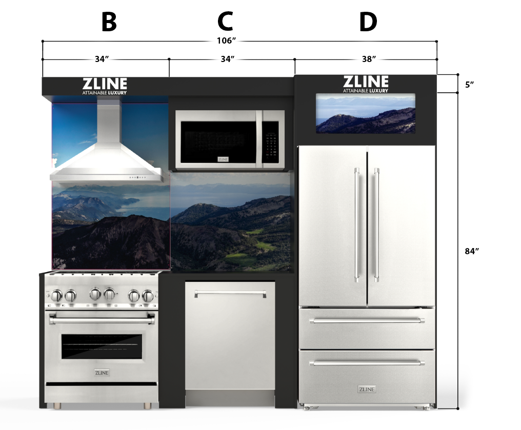 ZLINE Kitchen Vignette with a Stainless Steel Refrigerator, Dual Fuel Freestanding Range, Stainless Steel Range Hood, 30" Over the Range Microwave, and Monument Style Dishwasher (VND-BCD-RA)