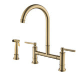 Wellfor Deck Mount Two Handle Kitchen Bridge Faucet with Side Spray 304 Stainless Steel In Brushed Gold - WF-RB1158