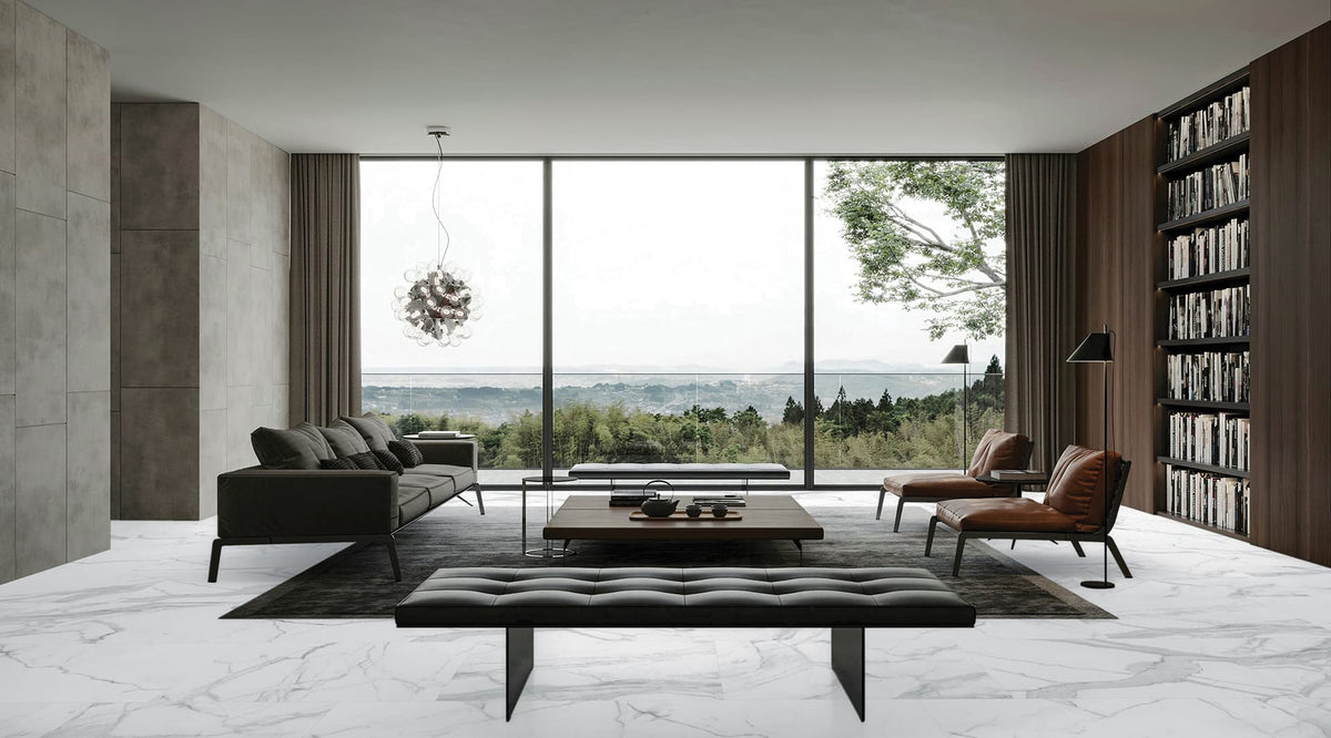36 x 36 in Majesto Statuario Polished Rectified Colorsync Porcelain Tile installed