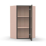 Liberty Shaker Grey - 24 Inch Diagonal Corner Glass Door Wall Cabinet - 24" Width x 30" Height x 12" Depth
