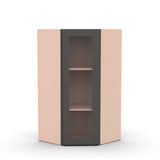Liberty Shaker Grey - 27 Inch Diagonal Corner Glass Door Wall Cabinet - 27" Width x 36" Height x 15" Depth