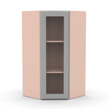 Liberty Shaker Ashen - 27 Inch Diagonal Corner Glass Door Wall Cabinet - 27" Width x 36" Height x 15" Depth