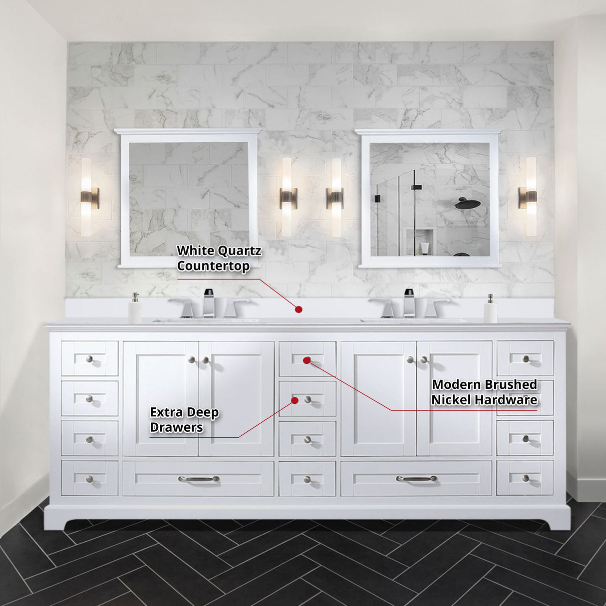 Dukes 84" White Double Vanity, White Quartz Top, White Square Sinks and 34" Mirrors