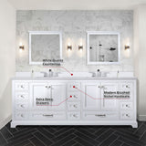 Dukes 84" White Double Vanity, White Quartz Top, White Square Sinks and 34" Mirrors w/ Faucets