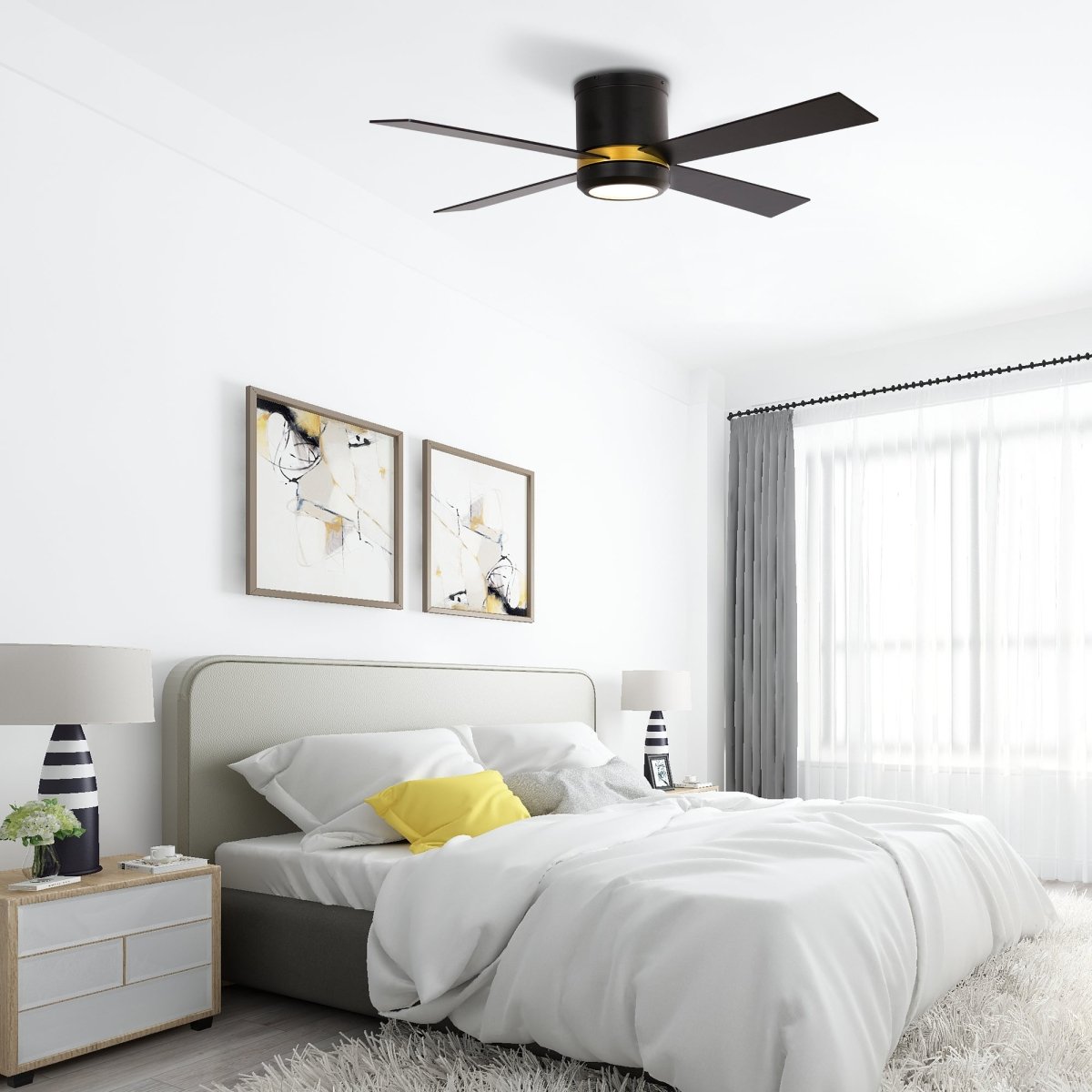 Arlington 52 Inch 4 - Blade Flush Mount Best Smart Ceiling Fan With Led Light Kit & Wall Switch - Gold/Black - LEDMyPlace
