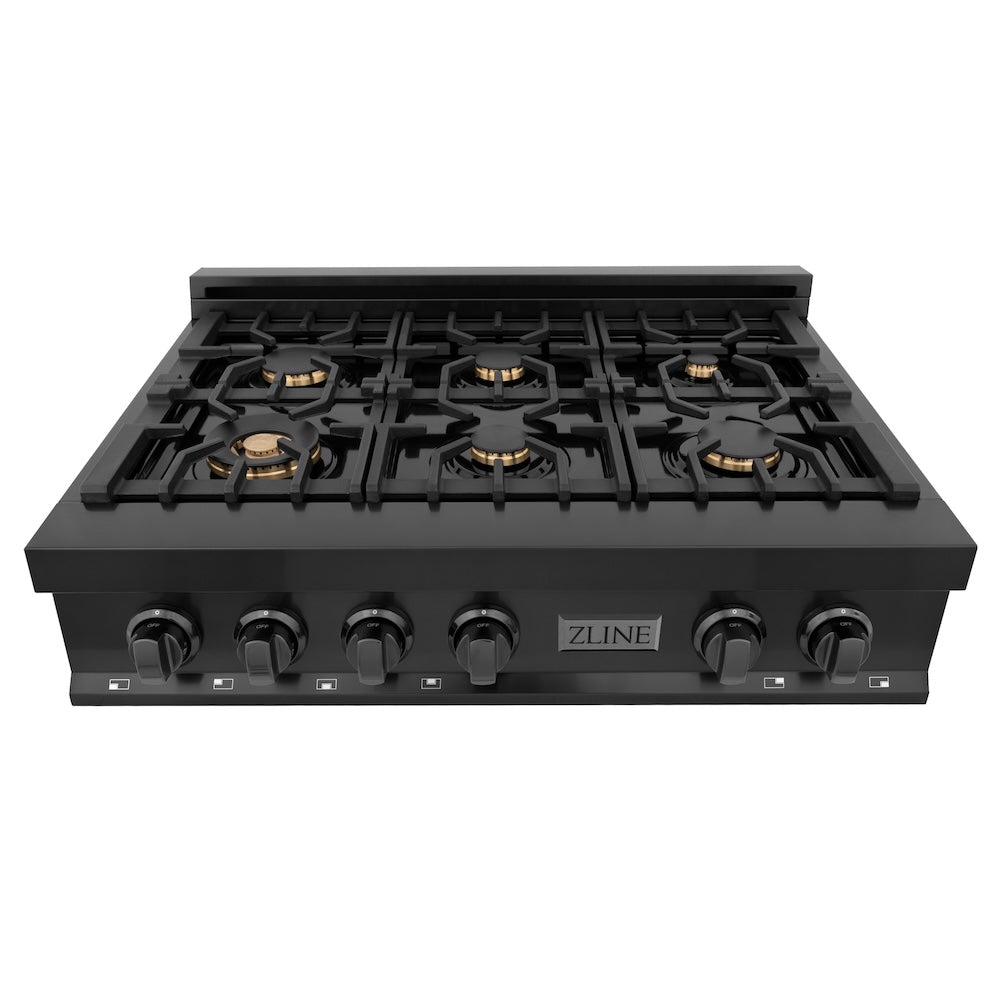 ZLINE 36 in. Legacy Gas Rangetop with 6 Brass Burners and Porcelain Cooktop in Black Stainless Steel (RTB-BR-36)