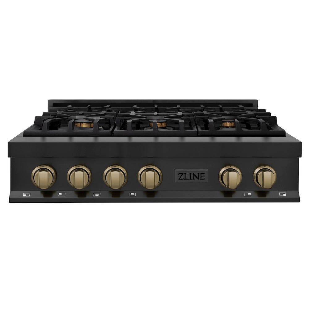 ZLINE Autograph Edition 36 in. Legacy Gas Rangetop with 6 Burners and Porcelain Cooktop in Black Stainless Steel with Champagne Bronze Accents (RTBZ-36-CB)