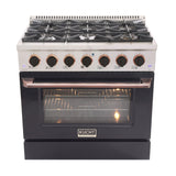 KUCHT Professional 36 in. 5.2 cu. ft. Dual Fuel Range for Natural Gas with Sealed Burners and Convection Oven in Stainless Steel with Black Oven Door Black Knobs and Gold Knob Rings