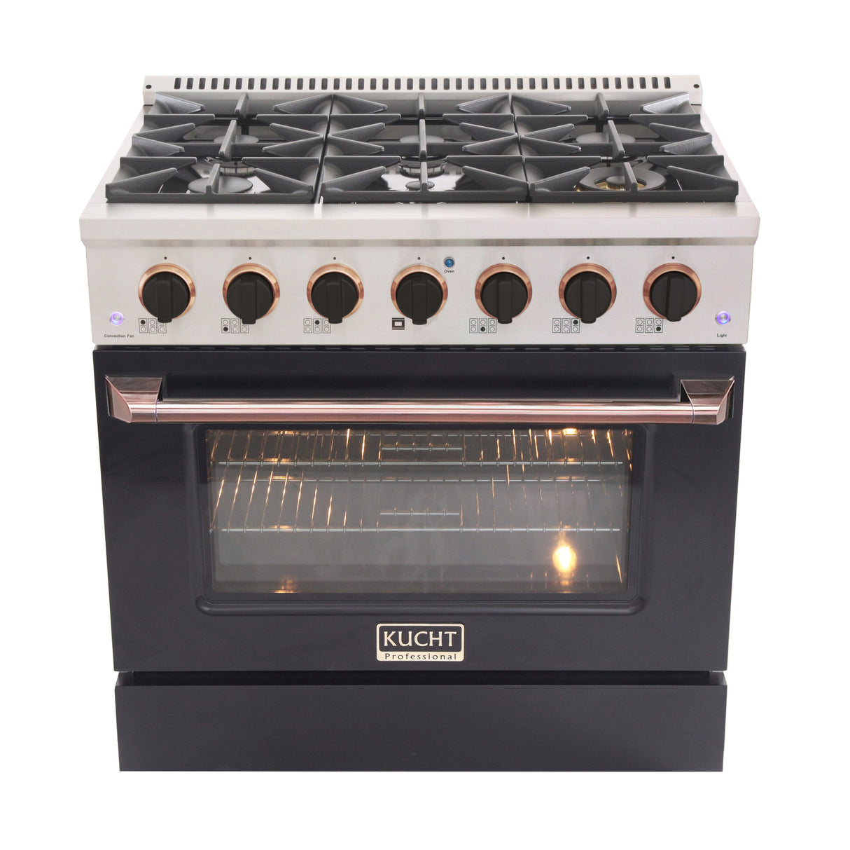 KUCHT Professional 36 in. 5.2 cu. ft. Dual Fuel Range for Propane Gas with Sealed Burners and Convection Oven in Stainless Steel with Black Oven Door Black Knobs and Gold Knob Rings
