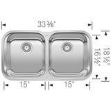 Blanco Stellar 33 Inch Double Equal Bowl Stainless Steel Undermount Kitchen Sink 50/50 - BUILDMYPLACE