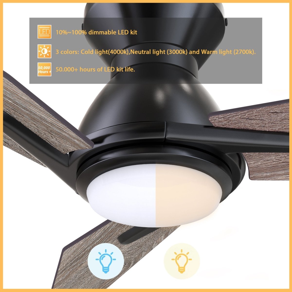 CALEN 52 inch 3 - Blade Flush Mount Smart Ceiling Fan with LED Light & Remote - LEDMyPlace