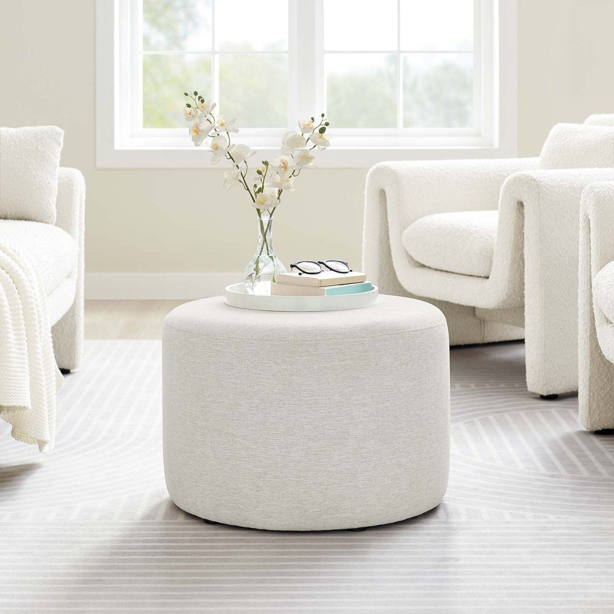Callum Large 23" Round Woven Heathered Fabric Upholstered Ottoman - BUILDMYPLACE
