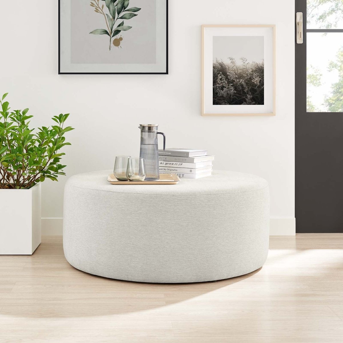 Callum Large 38" Round Woven Heathered Fabric Upholstered Ottoman - BUILDMYPLACE