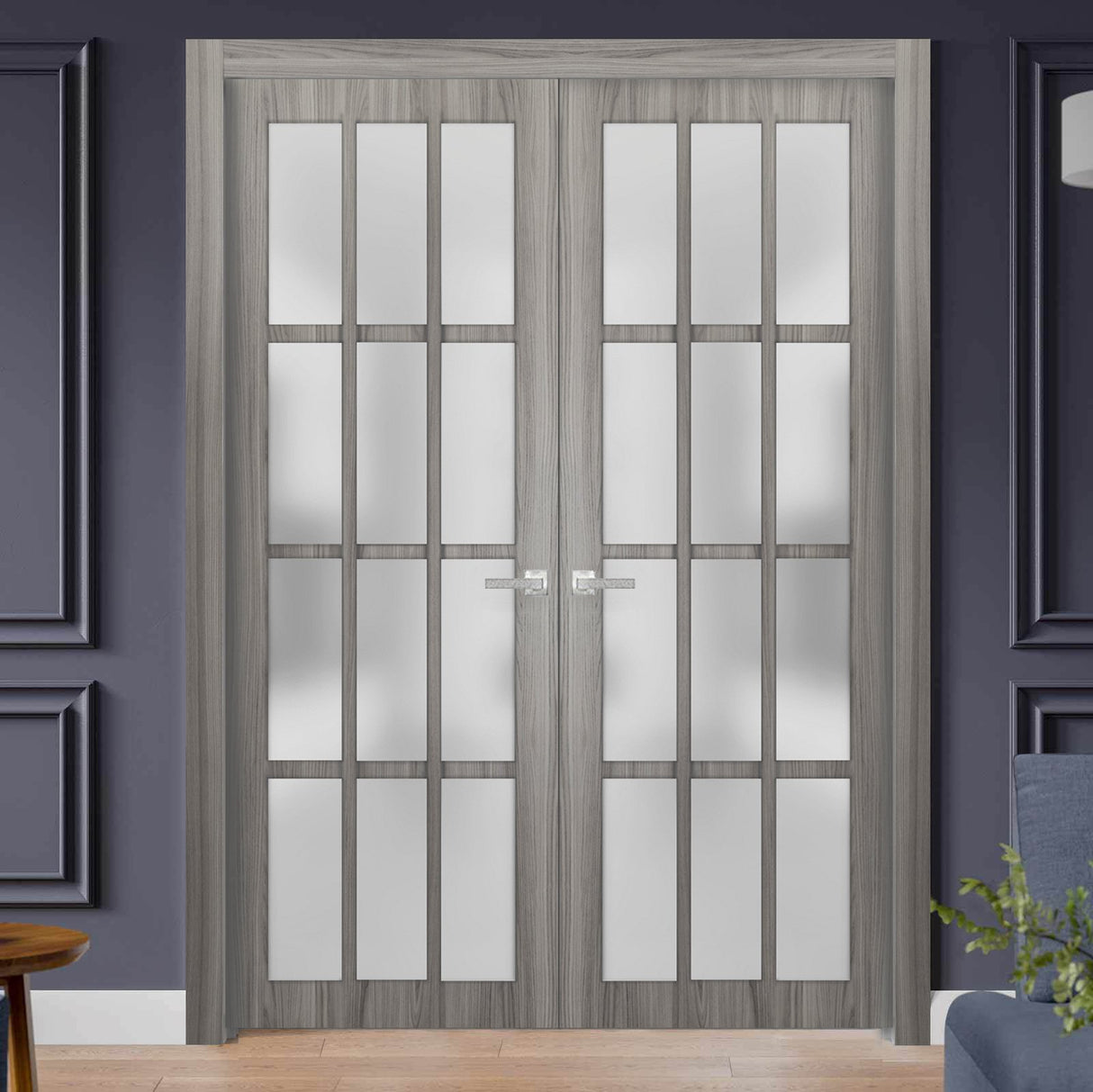 Solid French Double Doors Frosted Glass 12 Lites | Felicia 3312 Ginger Ash Grey | Single Regural Panel Frame Trims | Bathroom Bedroom Sturdy Doors