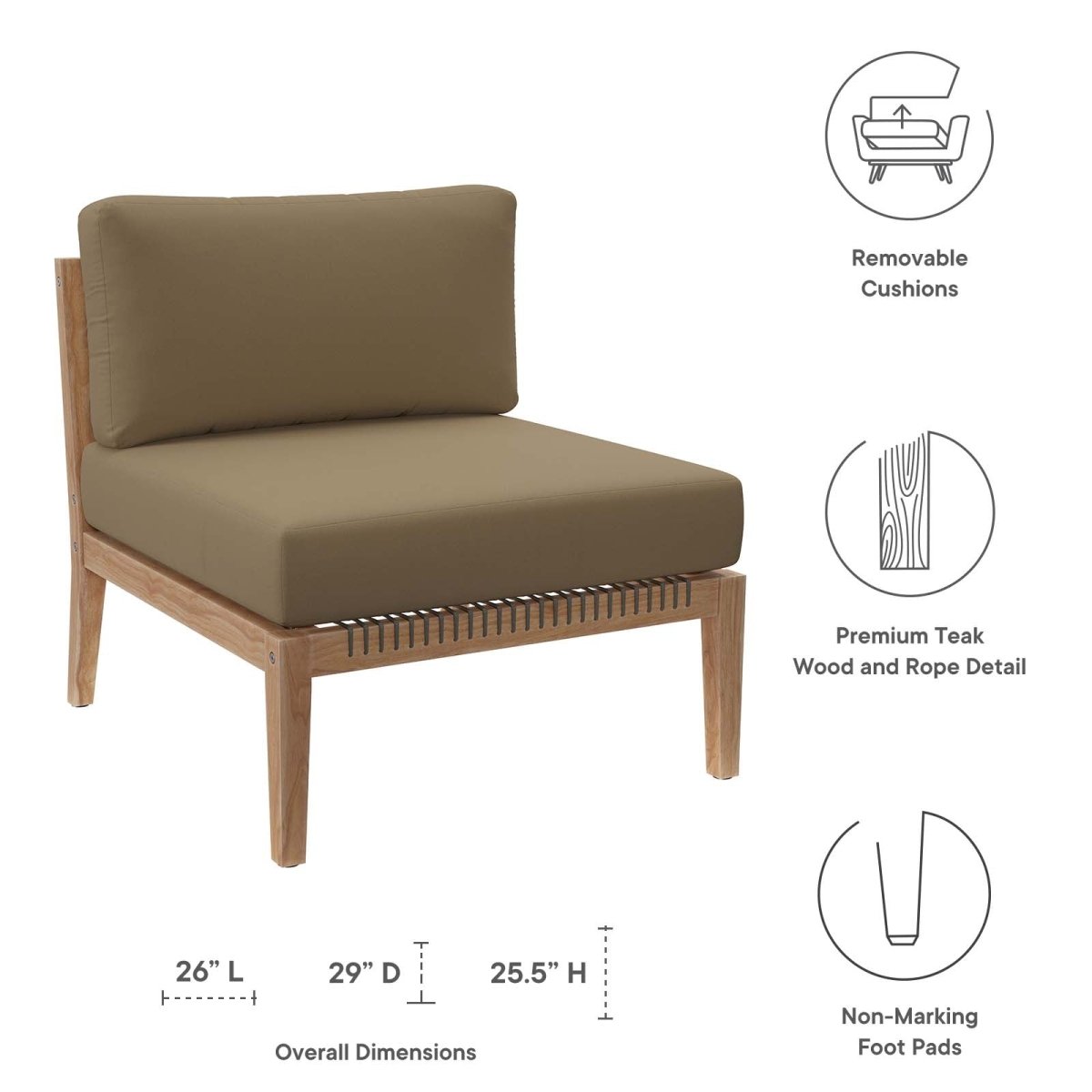 Clearwater Outdoor Patio Teak Wood Armless Chair - BUILDMYPLACE