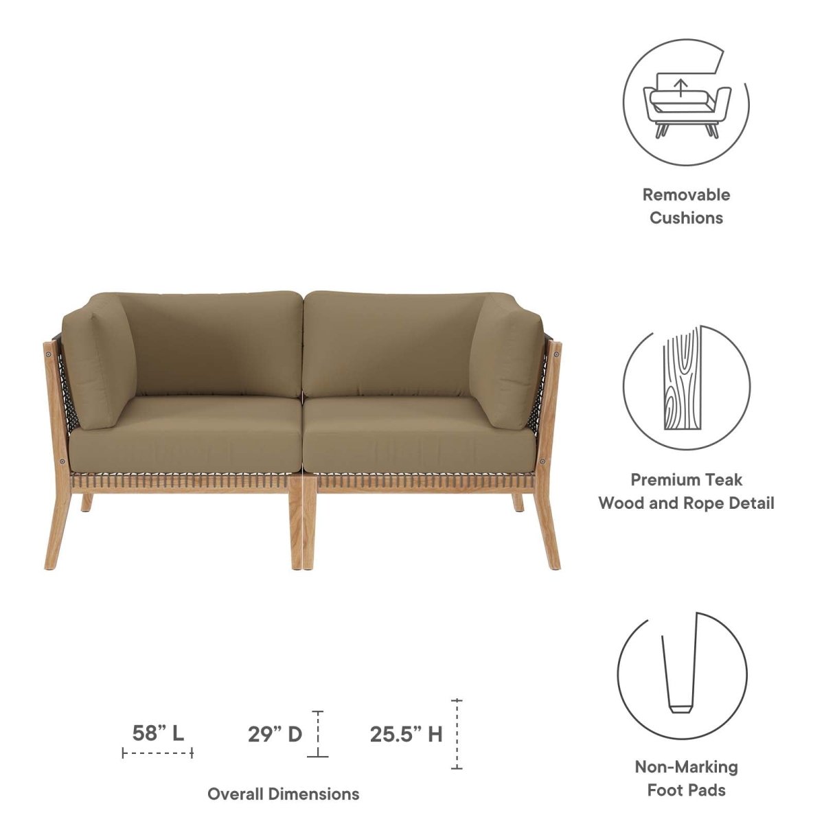 Clearwater Outdoor Patio Teak Wood Loveseat - BUILDMYPLACE