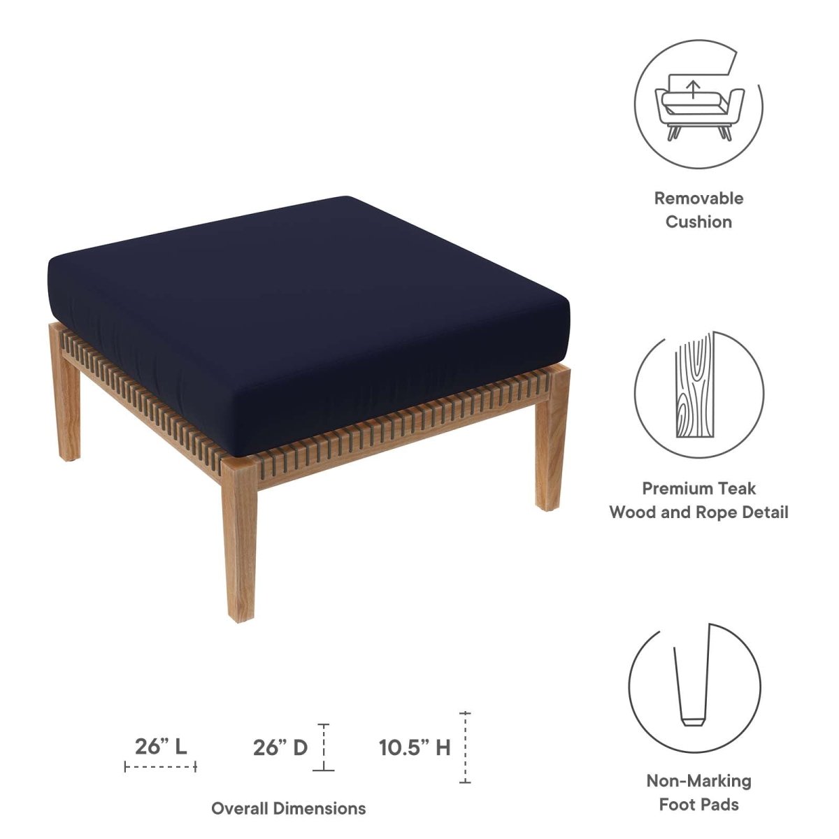 Clearwater Outdoor Patio Teak Wood Ottoman - BUILDMYPLACE