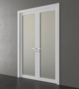 Solid French Double Doors | Planum 2102 White Silk with Frosted Glass | Wood Solid Panel Frame Trims | Closet Bedroom Sturdy Doors