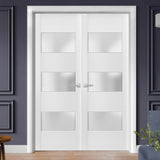 Solid French Double Doors 3 Lites | Lucia 4070 White Silk with Frosted Glass | Wood Solid Panel Frame Trims | Closet Bedroom Sturdy Doors