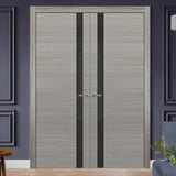 Solid French Double Doors | Planum 0040 Grey Ash with Black Glass | Wood Solid Panel Frame Trims | Closet Bedroom Sturdy Doors