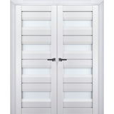 Interior Solid French Double Doors | Veregio 7455 White Silk with Frosted Glass | Wood Solid Panel Frame Trims | Closet Bedroom Sturdy Doors