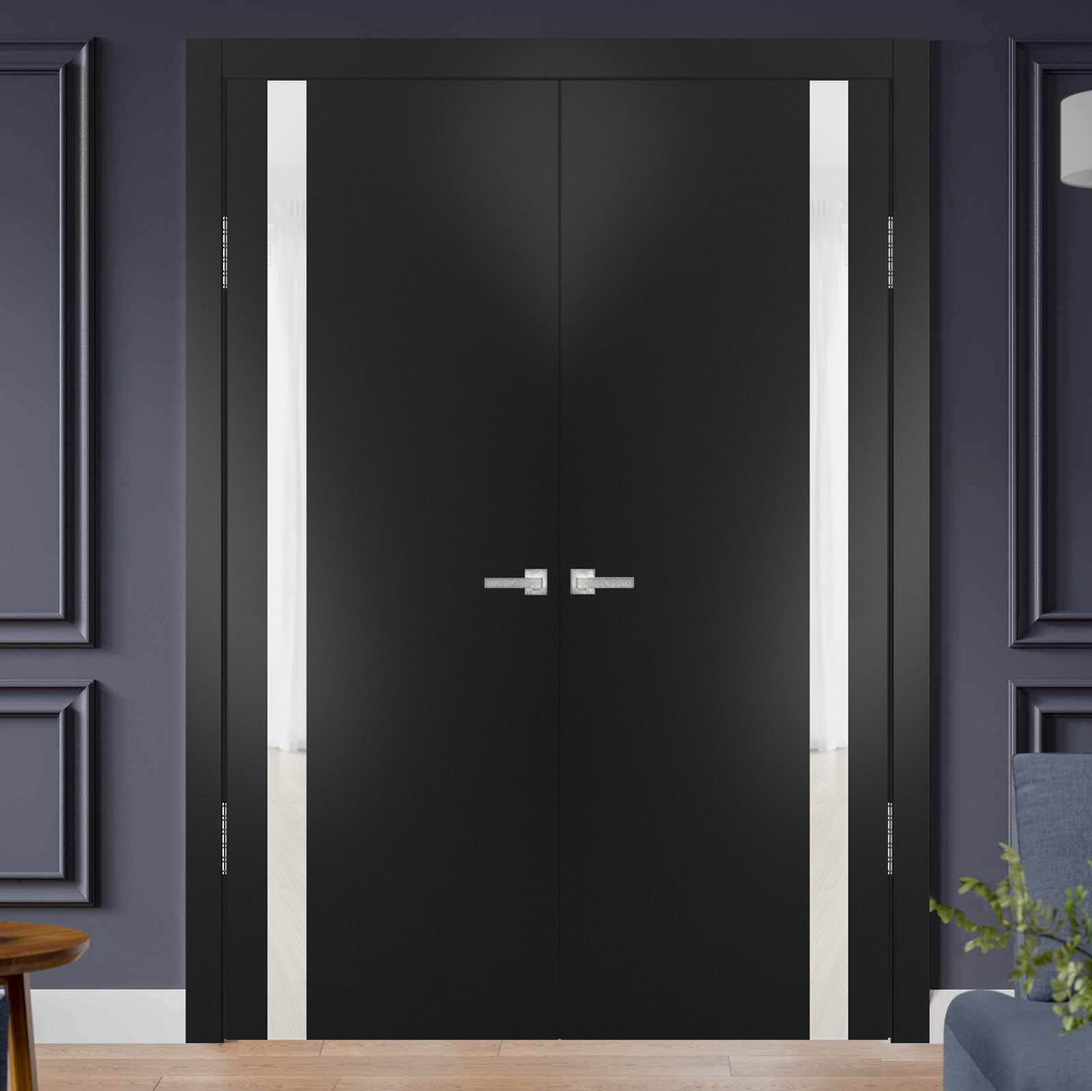 Solid French Double Doors | Planum 0040 Matte Black with White Glass | Wood Solid Panel Frame Trims | Closet Bedroom Sturdy Doors