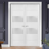 Solid French Double Doors 2 lites | Lucia 4010 White Silk with Frosted Glass | Wood Solid Panel Frame Trims | Closet Bedroom Sturdy Doors