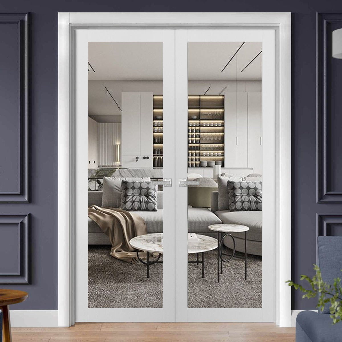 Solid French Double Doors | Lucia 2166 White Silk with Clear Glass | Wood Solid Panel Frame Trims | Closet Bedroom Sturdy Doors